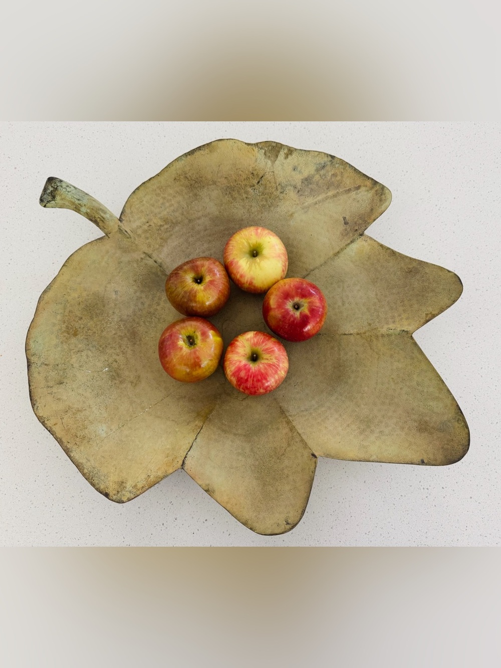 Large Vintage Hammered Brass Leaf Bowl 22” Brutalist Centerpiece